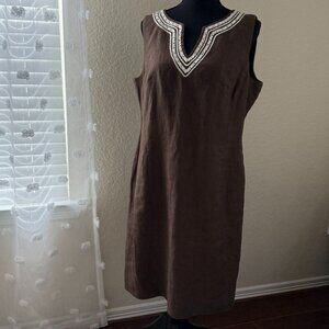 Talbots Brown Sleeveless Linen Dress with Beaded Neckline size 14